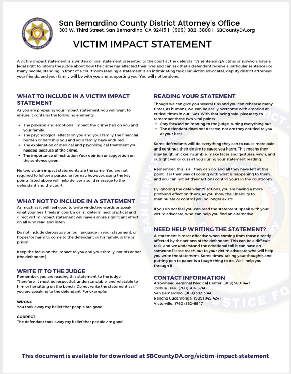 Victim Impact Statement San Bernardino County District Attorney 8117