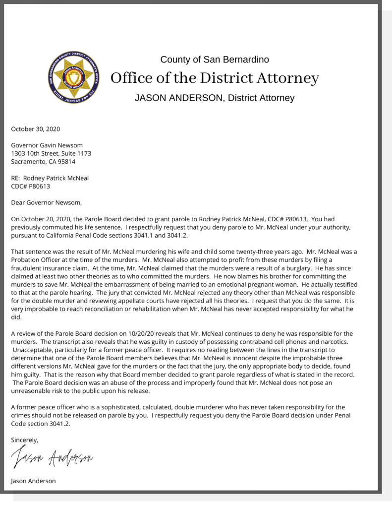 Letter from District Attorney Anderson to Governor Newsom