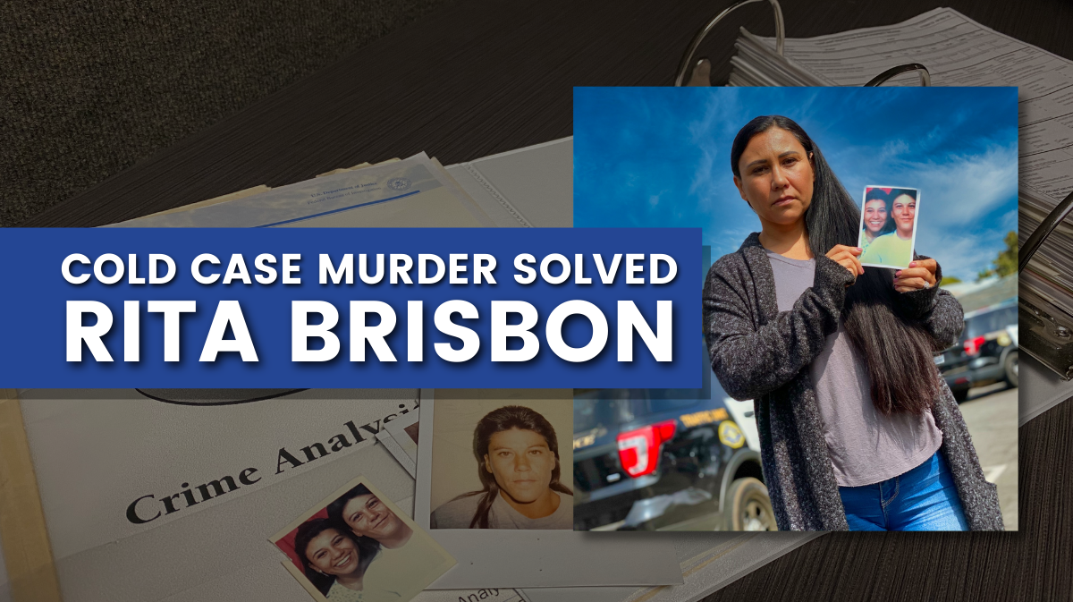 Blog graphic showing Rita Brisbon's case file and her sister, Rose Miller, holding a picture of both of them.